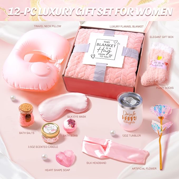Birthday Gifts for Women Self Care Gifts Get Well Soon Gifts for Women,Relaxing Spa Gifts Basket w/Flannel Blanket Traveling Pillow Care Package christmas Birthday Gifts Idea for Mom Her Wife Friends