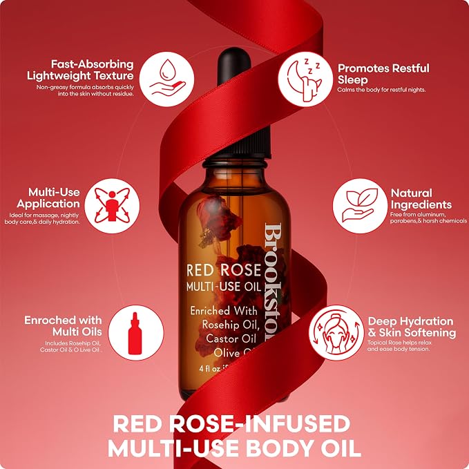 Brookstone Red Rose Multi-Use Essential Oil for Hair, Face & Body - Deep Floral Rose Aroma, Enriched with Rosehip, Castor & Olive Oils (4 fl oz / 118 mL)