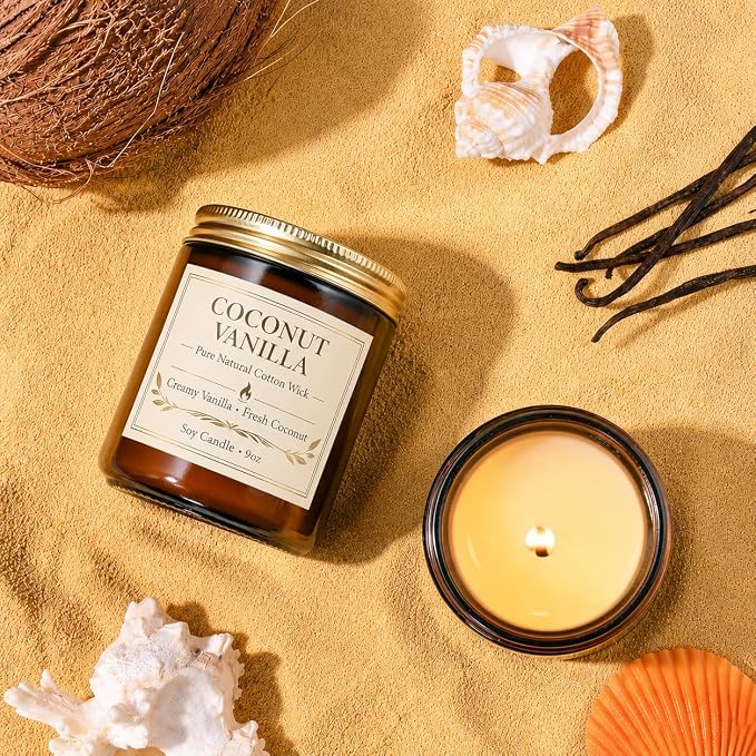 Coconut Vanilla Candle, 9 oz Soy Coconut Wax Scented Candle for Home, Vanilla Coconut Aromatherapy Candle, Clean Burning Jar Candle for Bedroom Bathroom Spa, Candle Gifts for Women Men