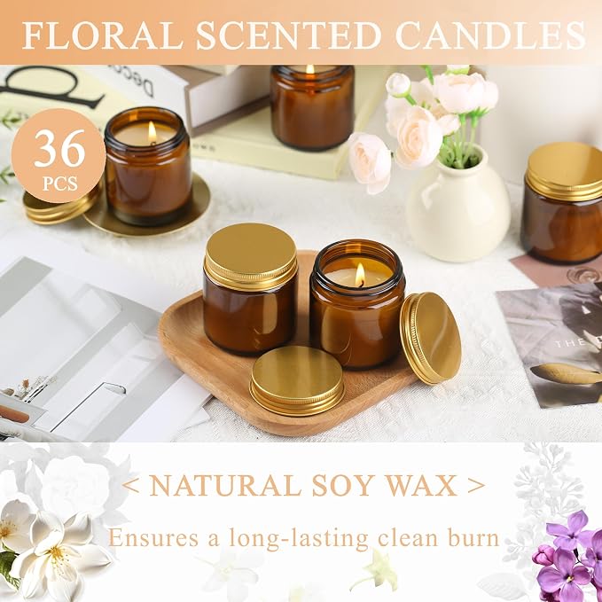 ACITHGL 36 Pcs 4oz Mini Mason Jar Candles Small Scented Candles Bulk Aromatherapy Ideal Souvenir Favors for Wedding Birthday Party (Vanilla, Lilac, Gardenia, Amber)