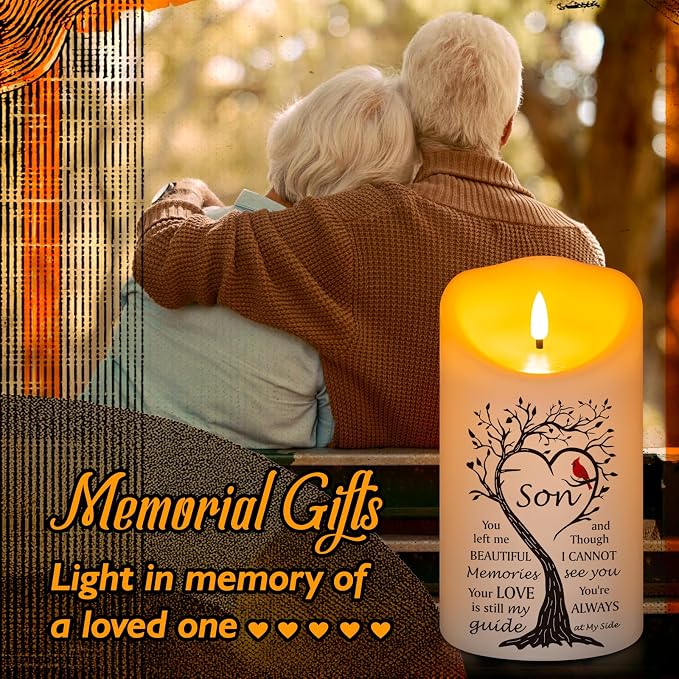 Flameless Memorial Candle for Loss of Son, Real Wax LED Light with Remote Sympathy Bereavement Gifts for Loss of Loved One Memorial Gifts for Loss of Son Remembrance Gifts (4" x 7")