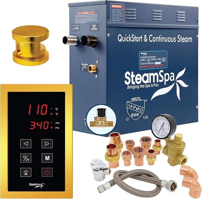 Premium 7.5 KW QuickStart ACU-Steam Bath Generator Package with Built-in Auto Drain in Polished Gold Finish|Touch Panel Control System|PRT750GD-A
