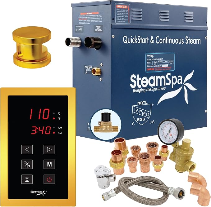 Premium 4.5 KW QuickStart Acu-Steam Bath Generator Package with Built-in Auto Drain in Polished Gold Finish|Touch Panel Control System|PRT450GD-A