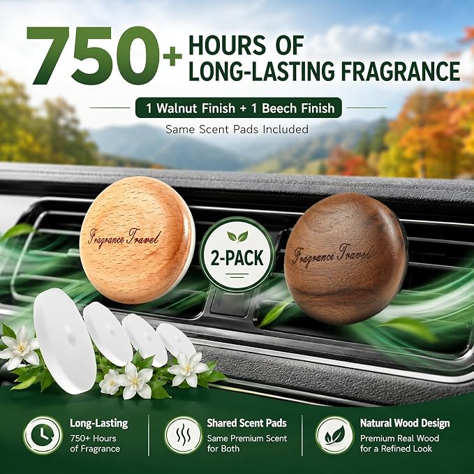 2 Pack Wooden Car Air Freshener Vent Diffuser, Walnut & Beech Wood with Zinc Alloy Base, Refillable Essential Oil Vent Clip, 4 Pads (2 Mixed Floral Scented + 2 Unscented), Natural Fragrance.