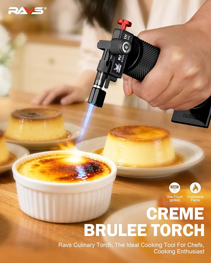 RAVS Butane Torch Lighter, DUAL Flame Mode Kitchen Torch with Adjustable Flame, Refillable Creme Brulee Torch for Baking, Cooking, Metal Body Soldering Torch, Black/Red, Butane Gas Not Included