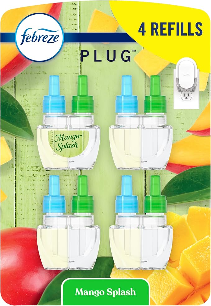 Febreze Plug In Air Freshener, Odor-Fighting Scented Oil Refill, Air Fresheners for Home and Bathroom and Kitchen, Long Lasting for Strong Odors, Mango Splash Scent, 0.87oz Refills, 4 Count