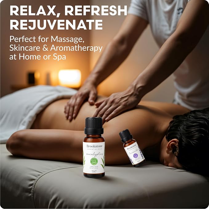 Brookstone Essential Oil Herbal Collection – 100% Pure Steam Distilled Therapeutic Grade Essential Oil Set for Aromatherapy Diffuser & Topical Use, Eucalyptus, Lavender, Tea Tree | 3-Pack 10ml Bottles