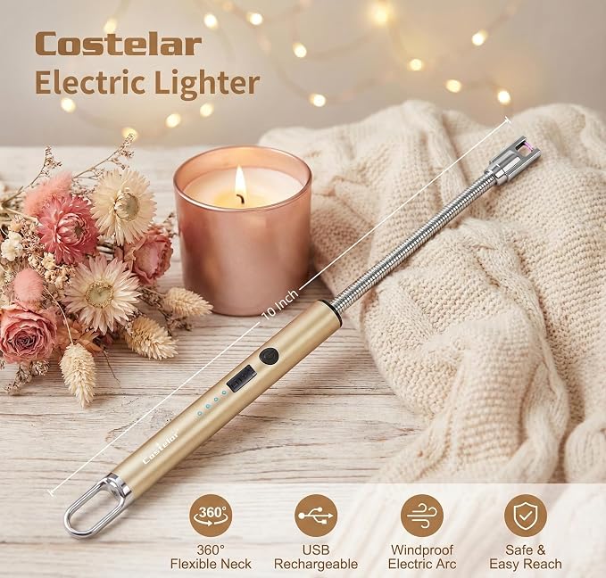Castelar Electric Candle Lighter with Long Flexible Neck, USB Rechargeable Arc Lighter with Safety Lock for Candle, BBQ, Camping, Housewarming, and Birthday Gifts