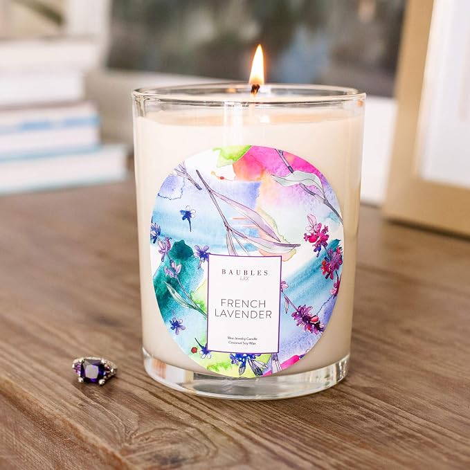 Baubles French Lavender Scented Premium Candle and Jewelry with Surprise Ring Inside | 18 oz Large Candle | Made in USA | Parrafin Free | Size 06