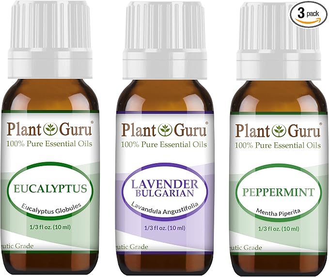 Essential Oil Set Beginner Trio Kit 10 ml 100% Pure Therapeutic Grade Includes: Eucalyptus, Lavender, Peppermint. for Aromatherapy Diffuser Humidifier, Skin and Hair Growth.