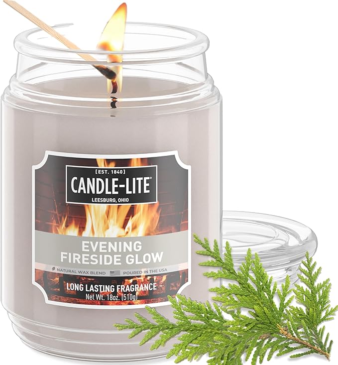 Candle-lite Fall Scented Candles, Evening Fireside Glow, 18 oz Jar, Proudly Poured in The USA, Aromatherapy Candle, Single-Wick with 110 Hours of Burn Time, Perfect for Creating a Refreshing Ambiance