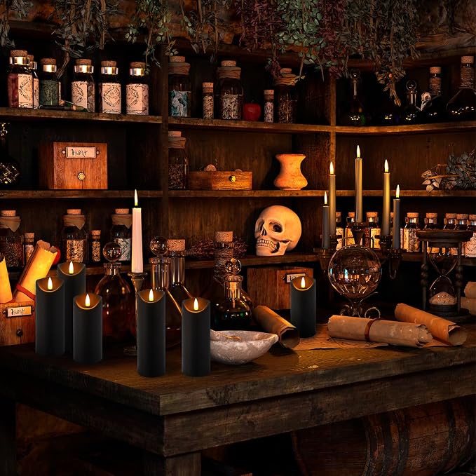 YOROXRG 12 Pack Halloween Decoration Flickering Flameless Candles, Battery Operated LED Pillar Candles with Remote Control and Timer.for Home Decor (D2.2 xH 5" 6" 7" Black)