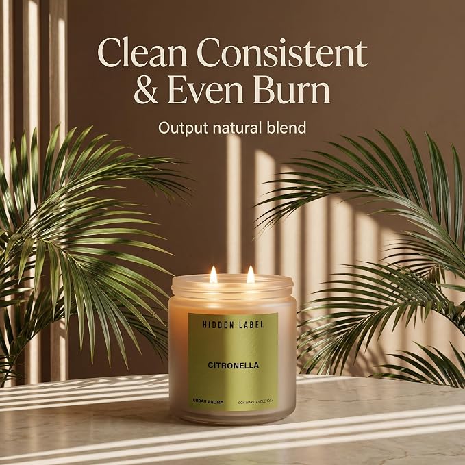Hidden Label Citronella Candles Outdoor, 12oz 2-Wick, 50H Citrus Fresh | Non-Toxic Vegan Soy Wax | Citrus & Citronella Fresh Outdoor Scent | Even Melt No Tunneling | Patio Deck BBQ Indoor