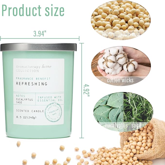 Eucalyptus & Sage Scented Candles - Summer Scented Candles, 8.5oz | For Stress Relief, Meditation, Yoga, Relaxing SPA, Natural Soy Wax