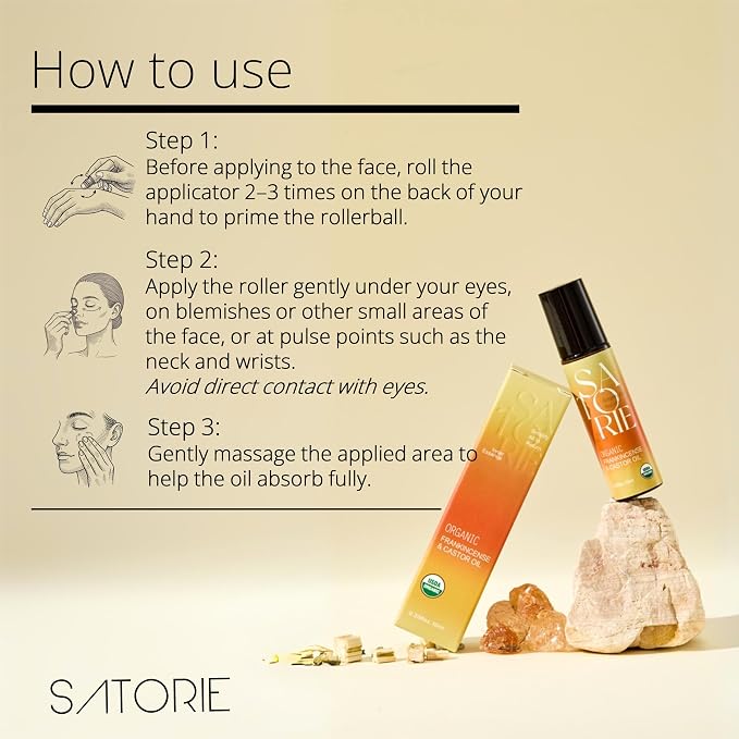 SATORIE Organic Castor & Frankincense Oil with Rose Quartz Rollerball - USDA Certified Essential Blend Oil Roll-On, Time Eraser Rollerball, for Face, Under Eyes, Anti-Aging, Dark Circles