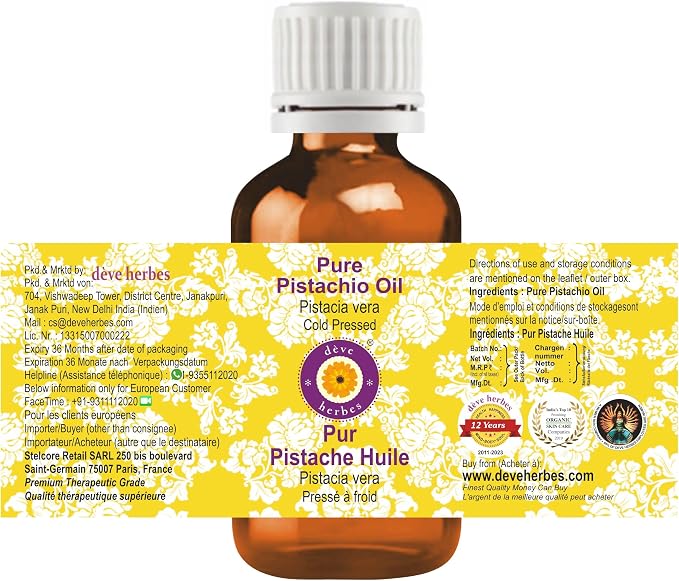 Deve Herbes Pistachio Oil (Pistacia vera) | Cold Pressed | Pure | Natural | Undiluted | For Diluting Essential oils | For Skin & Massage | Non-Sticky| Lightweight| Men & Women | 10ml (0.33 oz)