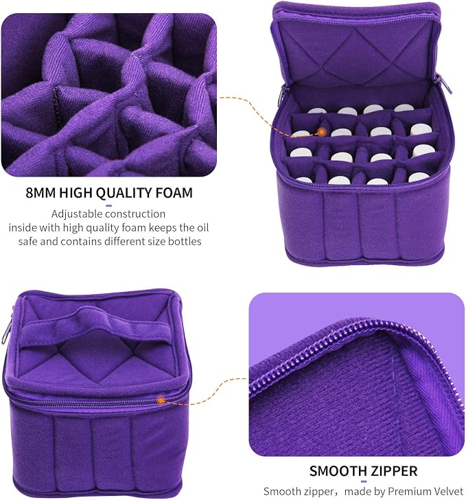 Weljoy Essential Oil Case 13 Bottle Organizer for 30ml 50ml 100ml 115ml 8oz, Travel Bag with Adjustable Dividers Foam Padded for Aromatherapy Roller Dropper Bottles (Purple, 5.9x5.9x5 in) | 30ml 50ml 100ml 115ml 8oz bottles, adjustable foam padded divi...