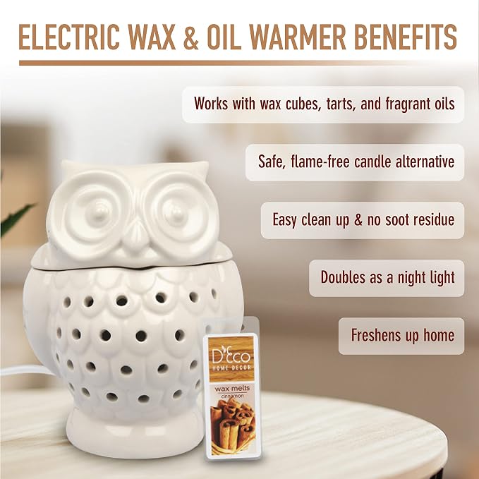 D'Eco Owl Fragrance Wax Melt Warmer - Electric Scented Tart & Candle Warmer w 4 Cinnamon Cubes - Plug-in Halogen Bulb Melts Wax Fills Room w Fresh Scent & Night Light Glow- Holiday Xmas Must Have Gift