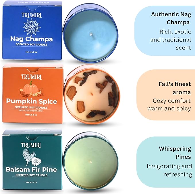Balsam Fir Pine, Pumpkin Spice, Nag Champa - Soy Candles Non Toxic - Highly Scented Long Lasting with Essential Oils - Variety Pack of 3 x 5oz - for Home Aromatherapy Meditation Gift Travel