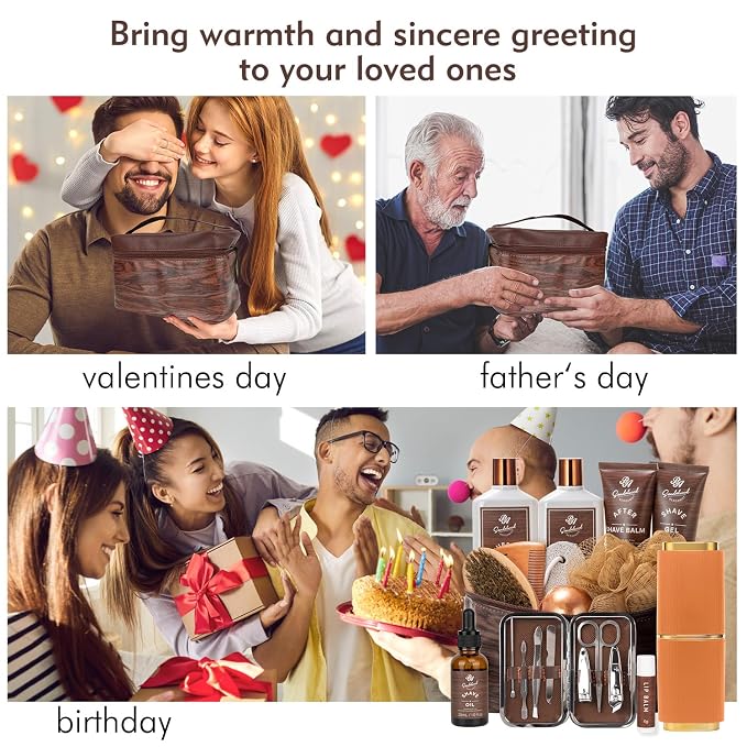 21 Pcs Sandalwood Bath & Body Care Gift Basket Set for Men, Father's Day Gifts for Dad, Men Skin Care Gift Set, Leather Bag, Home Spa Kit, Birthday,Anniversary, Christmas, Boyfriend