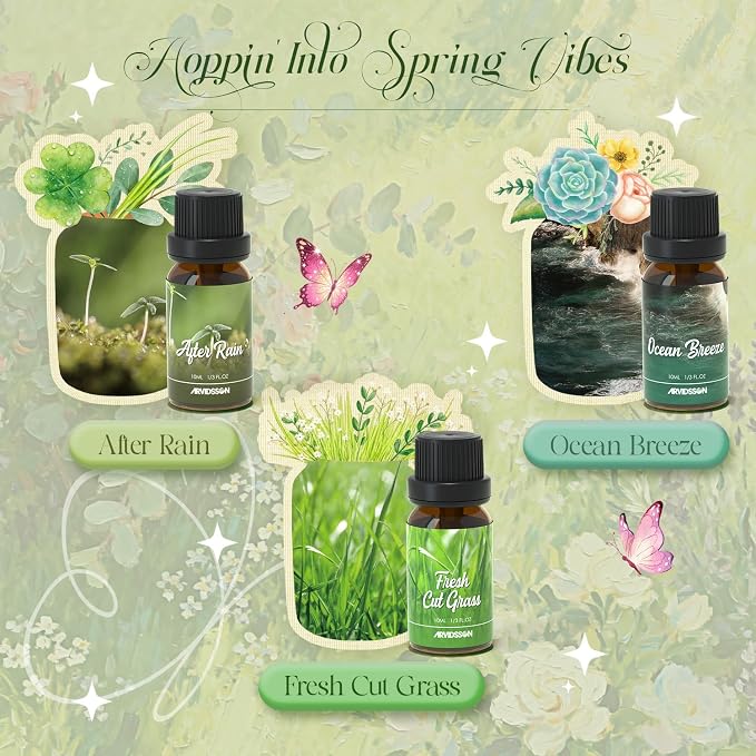 ARVIDSSON Spring Essential Oils Set, Natural Fragrance Oil for Diffuser - After Rain, Ocean Breeze, Fresh Cut Grass, Gardenia, Sweet Pea, Rose Sandalwood, Spring Scented Oil Gift Set