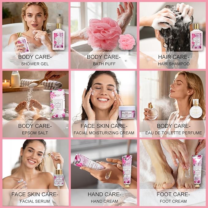 27 Pcs Spa Day Gifts Basket for Women, Camellia & magnolia Bath and Body Gift, Facial Skin Care Set, Self Care Pampering Kit, Face Serum, Lip Care, Home Spa, Birthday, Mother Day, Bridal Shower