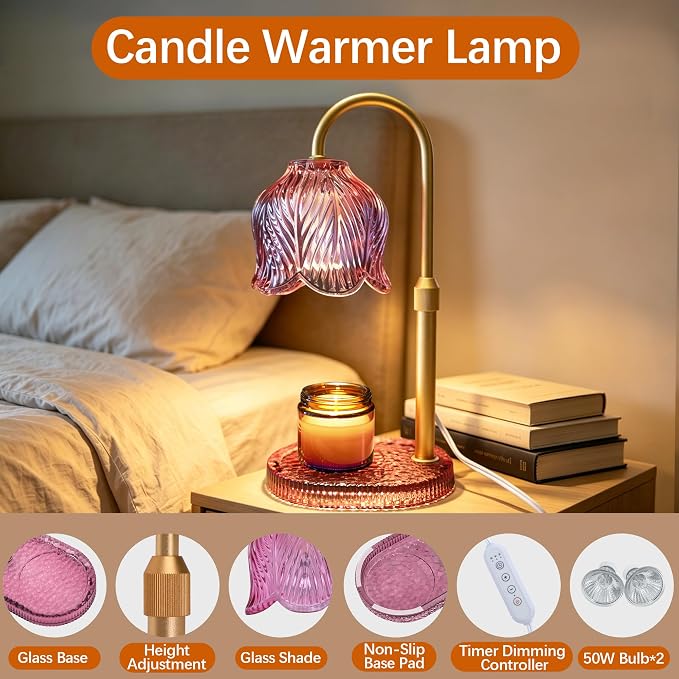 Candle Warmer Lamp with Timer Dimmable, Adjustable Candle Warmer Lamp for Jar Candles 3-Wick, Flameless Smokeless Candle Heater with 2 Bulbs, Home Decor Birthday Mothers Day for Women Mom (PINK)