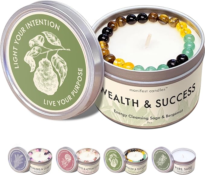 Manifest Sage & Bergamot Money Candle, 45 Hour Burn, Manifestation Bracelet, Protection Candle for Negative Energy, Abundance Candles, Intention Spiritual Candles for Positive Energy