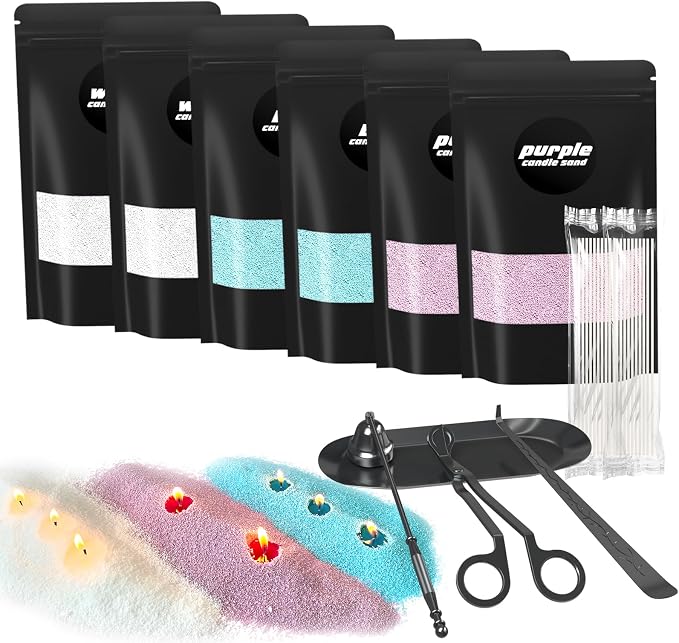 Bolu Fly Candle Sand with Wicks, Refillable Pearled Wax Beads Making Kit with 4-in-1 Candle Accessories Set, 3-Color Unscented for Relaxation, Yoga, Meditation (42oz, White, Blue, Purple)