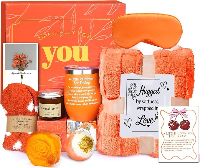 Mothers Day Gifts - Orange Self Care Gift Get Well Relaxing Spa Gift Basket Set, Birthday Spa Gift Baskets for Mom, Sister, Friends Teacher Girlfriend, Mothers Day Gift Baskets for Women