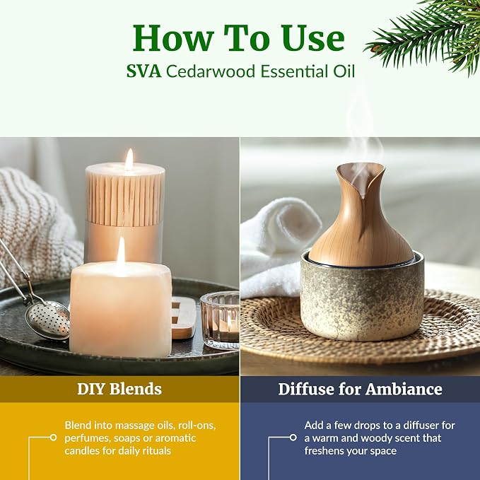 SVA Cedarwood Essential Oil – 4 Fl Oz – 100% Natural Cedar Juniperus Mexicana Oil - for Diffuser, Hair Care, Face, Skin Care, Aromatherapy, Scalp and Body Massage, Soap and Candles – with Dropper