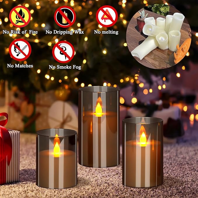Flameless Candles 4" 5" 6" Acrylic Glass Pillars 3" Diameter Battery Operated Flickering Candles Include Remote with 24Hour Timer Function 400+ Hours by 2 AA Batteries (Gray, Warm Light 9 Pack)