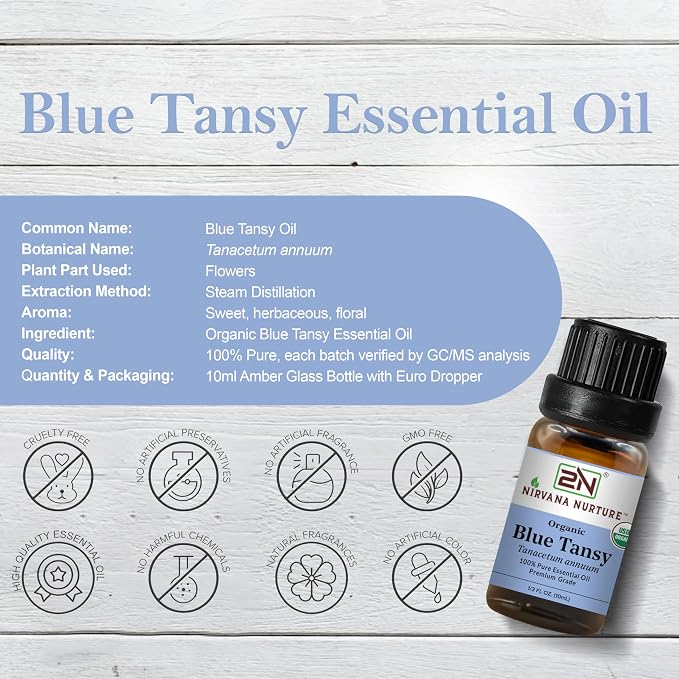 Blue Tansy Essential Oil, USDA Certified Organic, 100% Pure Undiluted, Aromatherapy Oil for Diffuser, Hair & Skin Care