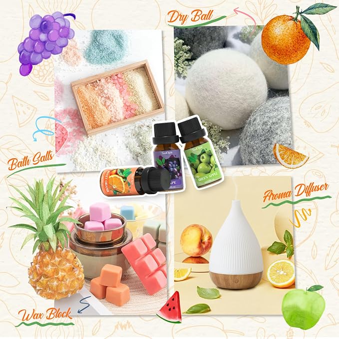 Soulorigin Fruit Essential Oils Set, Fragrance Oil Set for Diffuser, Scent Diffuser Oil for Candle Making- Pineapple, Sweet Orange, Grape, Green Apple, Blueberry, Watermelon