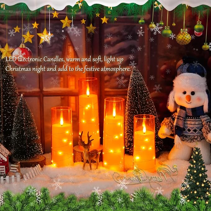 kakoya Flameless LED Candles with Timer 5 Pc Flickering Flameless Candles for Romantic Ambiance and Home Decoration Stable Acrylic Shell,with Embedded Star String，Battery Operated Candles（Orange）