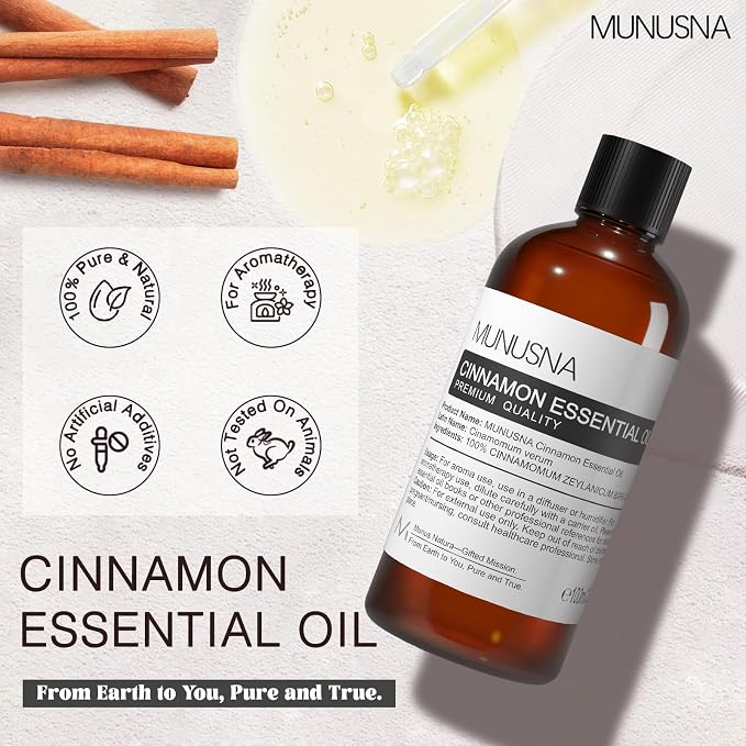 Cinnamon Essential Oil 100ML, 100% Pure Natural Cinnamon Oil Premium Grade Aromatherapy Oil for Hair Face Skin Body Care, Diffuser, Massage, Home, Soap and Candle Making