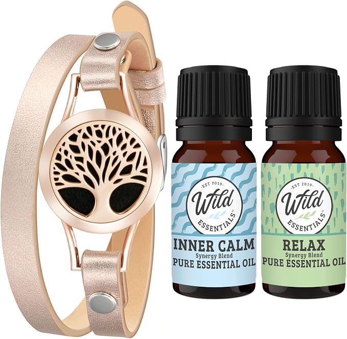 Wild Essentials Rose Gold Tree of Life Diffuser Wrap Bracelet Kit – Adjustable 5"–7.5" Leather + 316L Stainless Steel Locket, 12 Color Pads (17mm) – Includes Inner Calm & Relax (2 x 10ml)