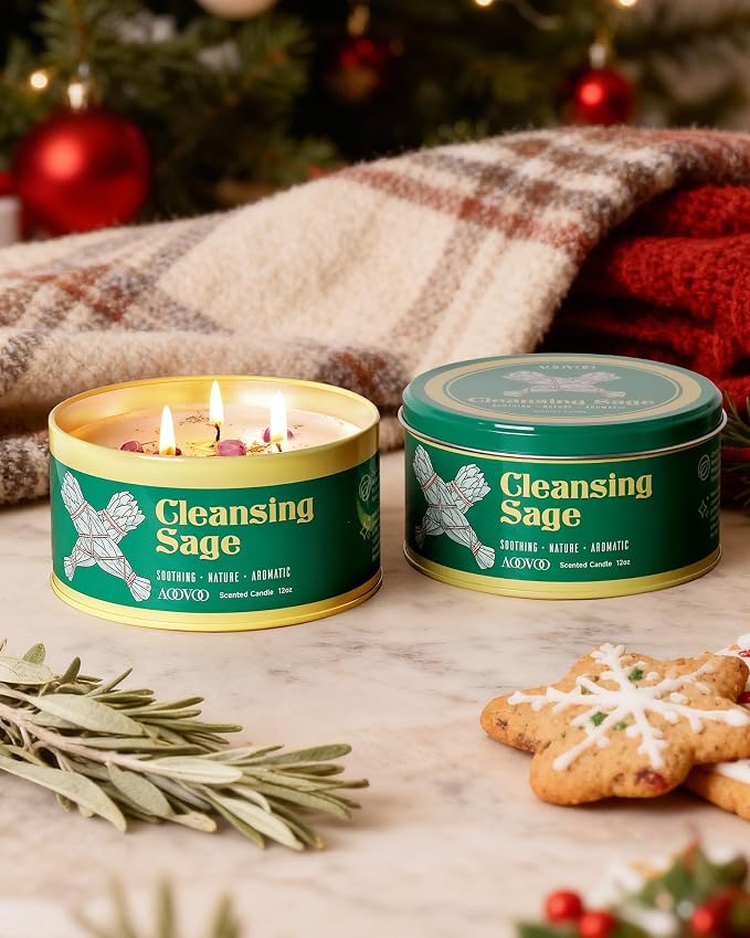 AOOVOO 2 Pack Sage Candle for Cleansing - 3 Wick 24oz Large Scented Candle with Crystals & Sage Leaves Inside, Soy Candles Non Toxic for Meditation Spiritual Gift, Aromatherapy Candle for Women Men