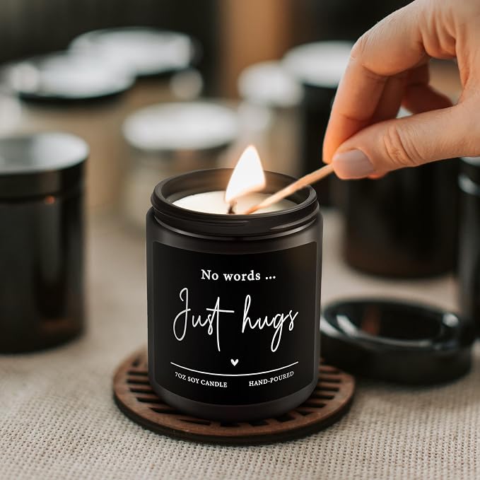Shqiueos Sympathy Gifts for Loss of Loved One-No Words Just Hugs Lavender Scented Candle, Bereavement Gift Idea, Memorial, Grief, Thinking of You, Get Well, Comfort Condolence Gift (Black)