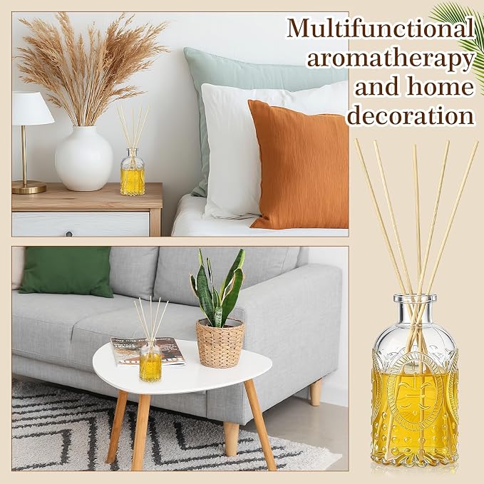 LemonRoad 2 Set Glass Reed Diffusers Bottles, Vintage Design Embossed Fleur Clear Diffuser Bottles with 50 Reeds Sticks, Cork Lids, Funnel, 200 ml 6.7 oz Empty Flower Bud Vases for DIY Fragrance