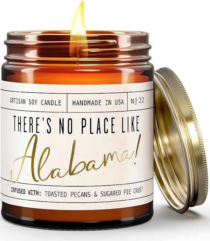 Alabama Gifts, Alabama Decor for Home - 'There's No Place Like Alabama Candle, w/Toasted Pecans & Sugared Pie Crust I Alabama Souvenirs I Alabama State Gifts I 9oz Jar, 50Hr Burn, USA Made
