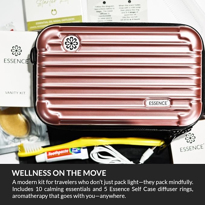 Essence Travel Amenity Kit | Travel Essentials & Travel Size Toiletries Kit | 5-Pack Nasal Diffuser Rings, Sleep Mask, Lotion & Hygiene Kit | Travel Toiletry Kit for Women | Rose Case