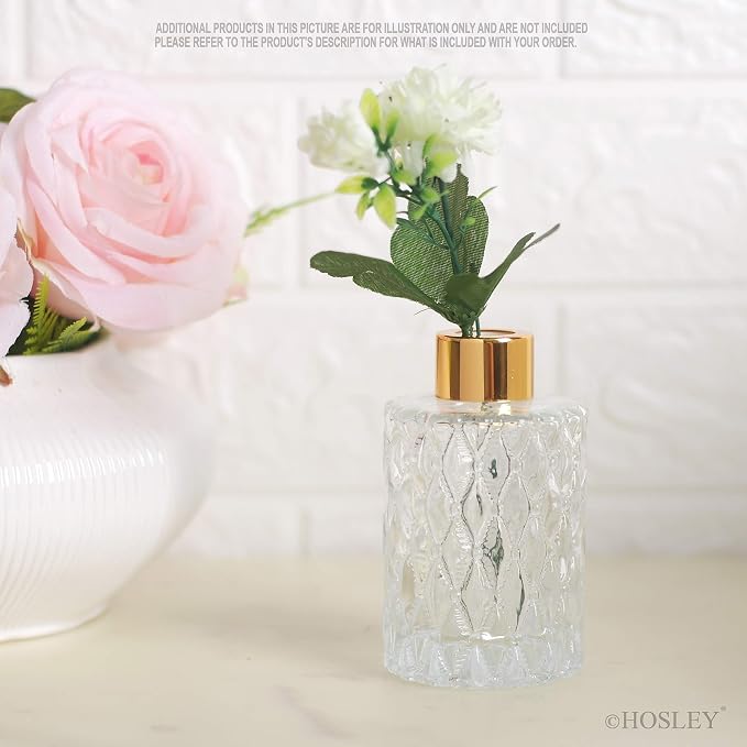 Hosley Set of 4 Mid Century Modern Glass Diffuser Bottles 4 Inch High. Ideal for Use with Essential Oils Replacement Diffusers Reed Sticks DIY Crafts O3 Gold