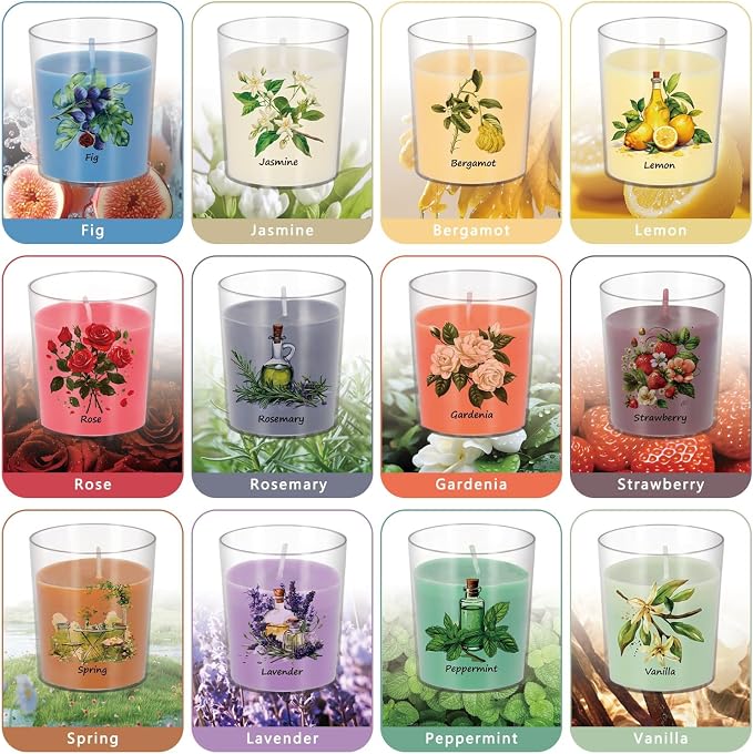 Aromatherapy Candles Set - 24 Pack Scented Candles with 12 Natural Fragrances, Votive Candles in Clear Plastic Jars for Home Decor, Stress Relief, Sleep, Ideal Gift for Women,Mother's Day, Birthday.