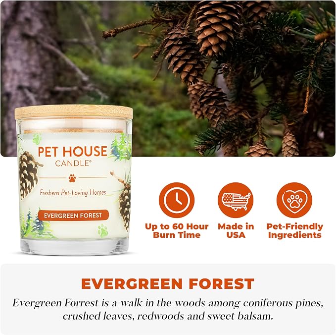 Pet House Candle Plant-Based, Clean Burning Long Lasting Scented Pet Odor Candle for Home - Evergreen Forest