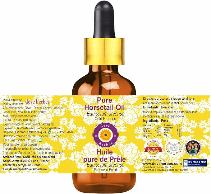Deve Herbes Horsetail Oil (Equisetum arvense) with Glass Dropper | Cold Pressed | Pure | for Diluting Essential Oils | Hair, Skin & Massage | Non-Sticky | Lightweight | Unisex | 5ml (0.16 oz)