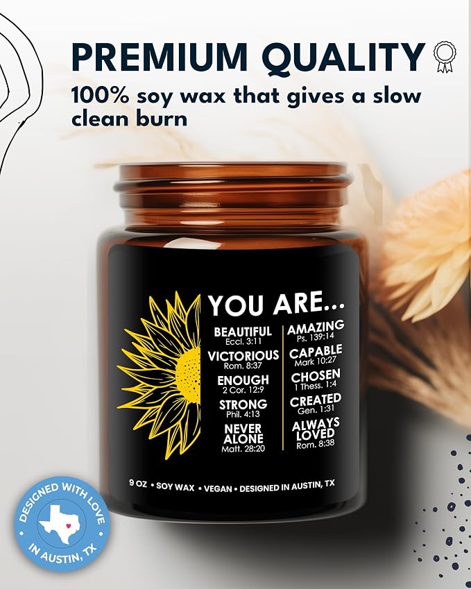 Christian Candle, Spiritual Gifts, Inspirational Christian Gifts for Women Faith, Bible Gift for Woman, Scripture Gift for Woman, Catholic Religious Presents for Women Sunflower