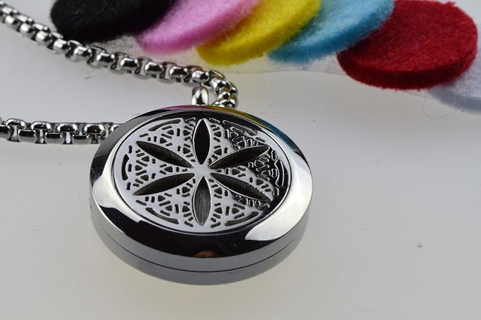 Wild Essentials Flower of Life Essential Oil Diffuser Necklace, Stainless Steel Locket Pendant with 24 inch Chain, 12 Color Refill Pads, Customizable Color Changing Perfume Jewelry for Aromatherapy