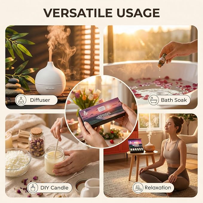 CAKKI Essential Oils for Diffusers for Home,Spring Fragrance Oils Set of 6x10ml, Sweet Pea,Emerald Gardenia,Plum Blossom,Newly Born,Reborn,Velvet Petals,Aromatherapy Oils,for Candles Making
