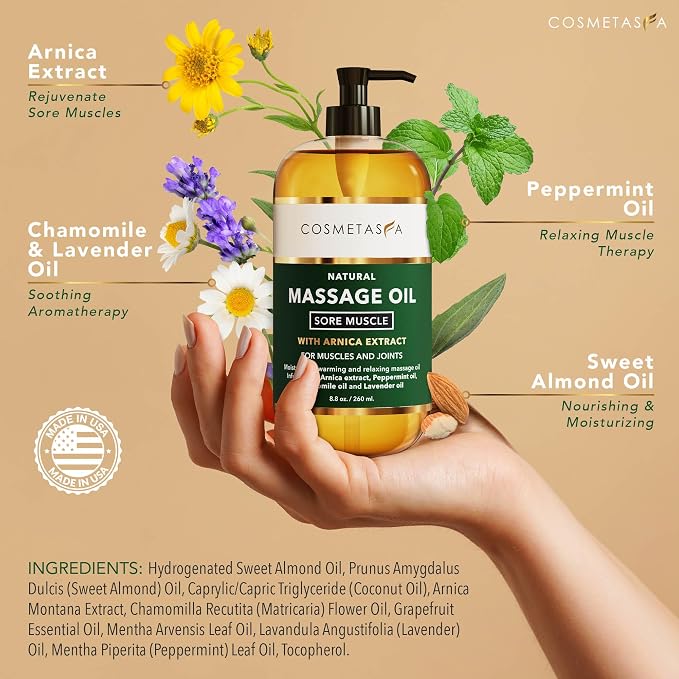 Cosmetasa Massage Oil for Sore Muscle Massage Therapy with Roller - All Natural, Cruelty-Free Massage Oils for Muscle Relaxing & Joint Comfort - Arnica Extract with Lavender & Chamomile Oil (8.8 oz)